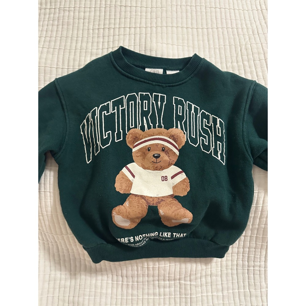 Zara Kids Toddler Boy Green Victory Rush Teddy Bear Varsity Sweatshirt Size 3T